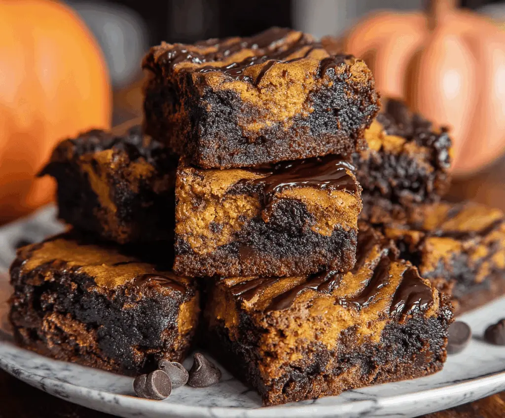 Delicious homemade pumpkin brownies with a fudgy texture and warm autumn spices, topped with a drizzle of chocolate glaze.