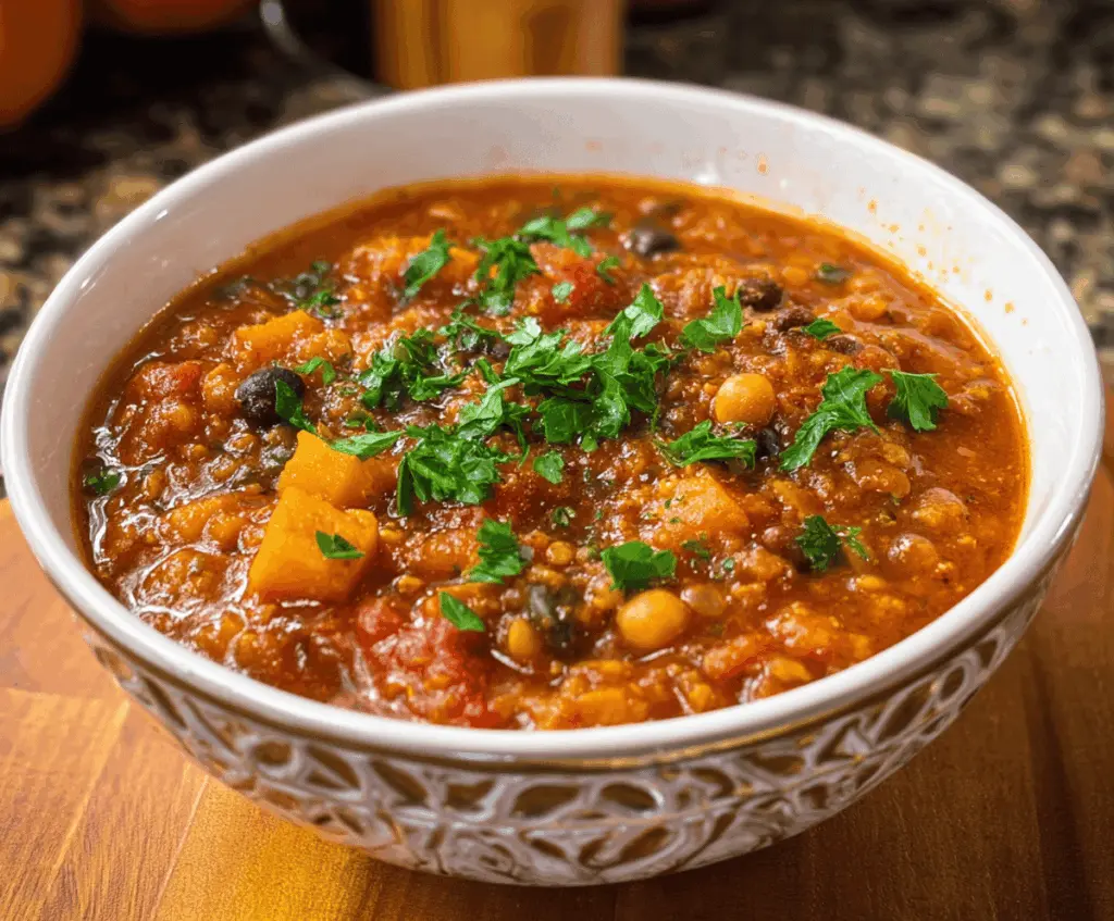 A hearty bowl of pumpkin chili garnished with fresh herbs and topped with shredded cheese, showcasing a warm and flavorful autumn-inspired dish.