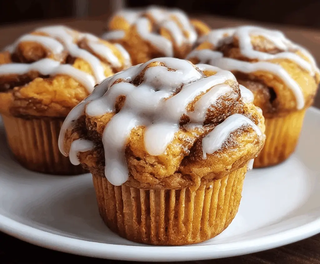 Delicious pumpkin cinnamon roll muffins topped with glaze, perfect for fall breakfast or dessert.