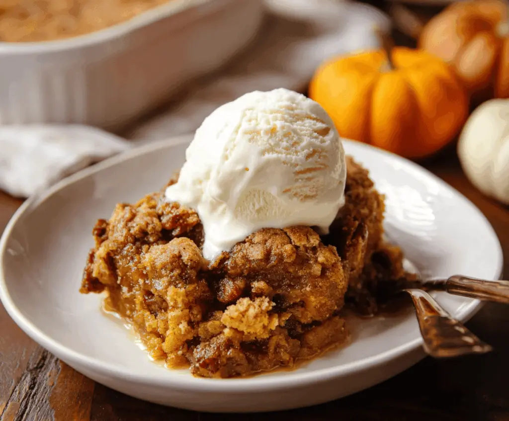 Delicious homemade pumpkin cobbler with a golden-brown crust topped with whipped cream, perfect for fall desserts