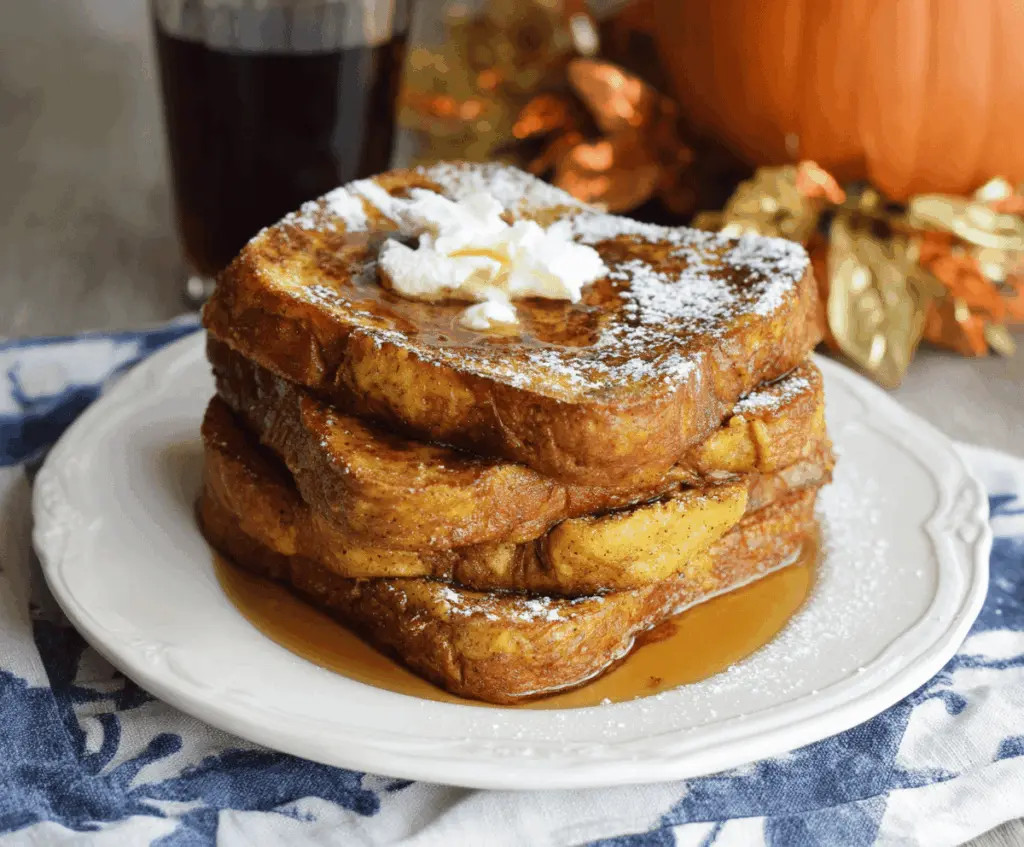 Delicious pumpkin French toast topped with whipped cream and cinnamon, served with fresh berries on a festive plate.