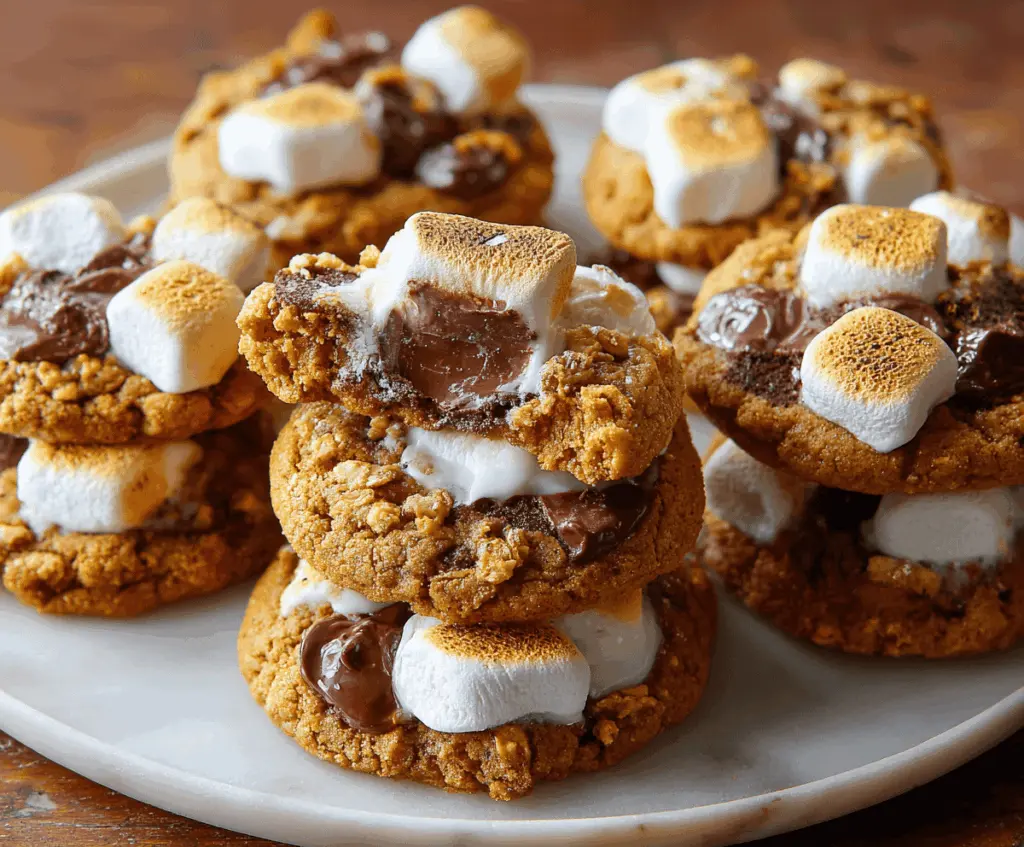 Delicious Pumpkin S'mores Cookies with chocolate, marshmallows, and a pumpkin-flavored cookie base on a rustic wooden surface.