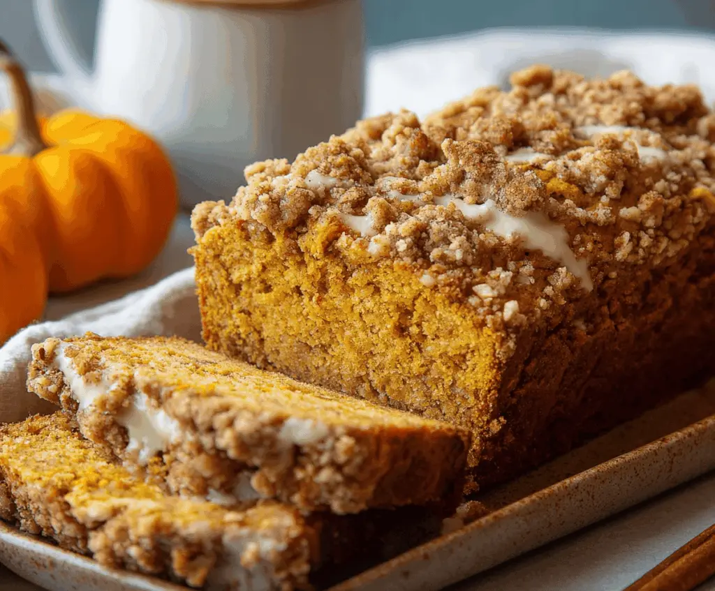 Delicious homemade Pumpkin Streusel Bread topped with crunchy streusel, sliced to showcase its moist pumpkin-filled interior and golden crust, perfect for fall desserts and breakfasts.