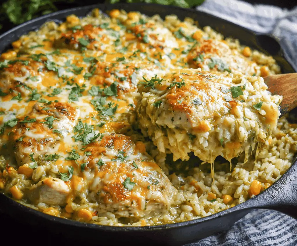 Creamy Salsa Verde Chicken and Rice Casserole topped with fresh cilantro and melted cheese, perfect for a flavorful family dinner.