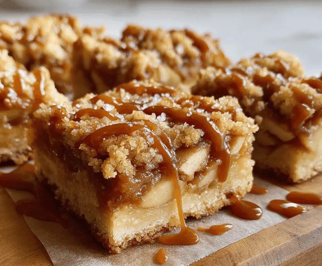 Delicious salted caramel apple bars with golden crust, gooey caramel, and sliced fresh apples topped with a sprinkle of sea salt