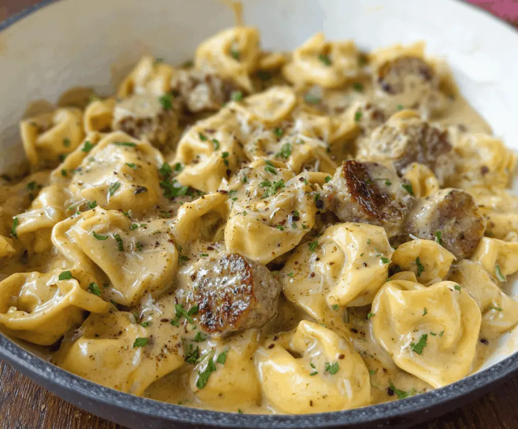 Creamy sausage and cheese tortellini Alfredo dish topped with fresh herbs on a white plate, perfect for a hearty Italian meal.
