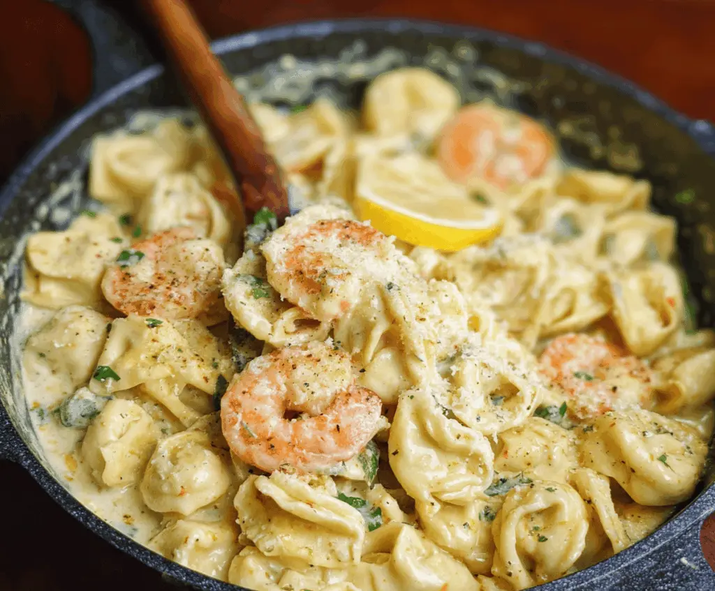 Delicious shrimp tortellini pasta served in a creamy lemon garlic sauce with fresh herbs