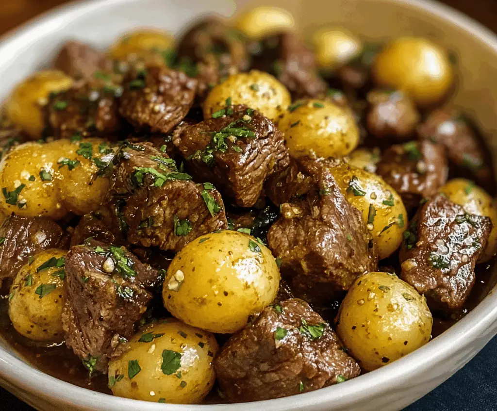 Delicious slow cooker garlic butter beef bites with tender potatoes served on a plate