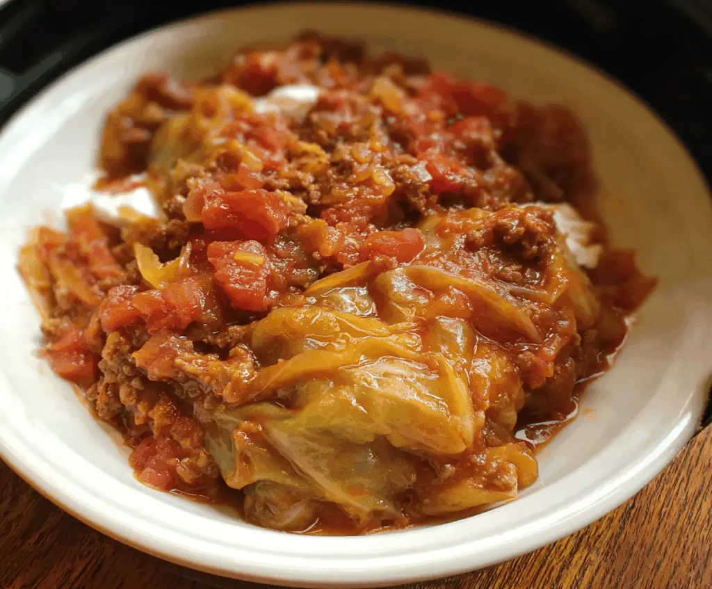 Delicious slow cooker unstuffed cabbage rolls in a savory tomato sauce, served in a bowl with fresh herbs