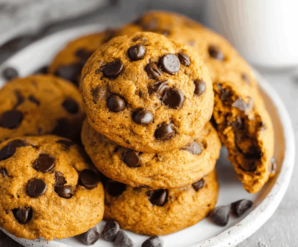 Delicious soft and gooey pumpkin chocolate chip cookies with melted chocolate chips and a moist pumpkin flavor on a plate
