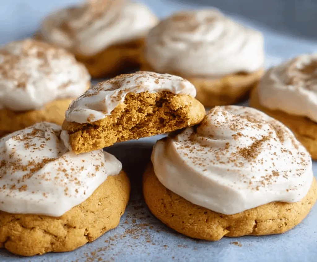 Delicious soft pumpkin cookies topped with creamy cinnamon frosting on a festive plate