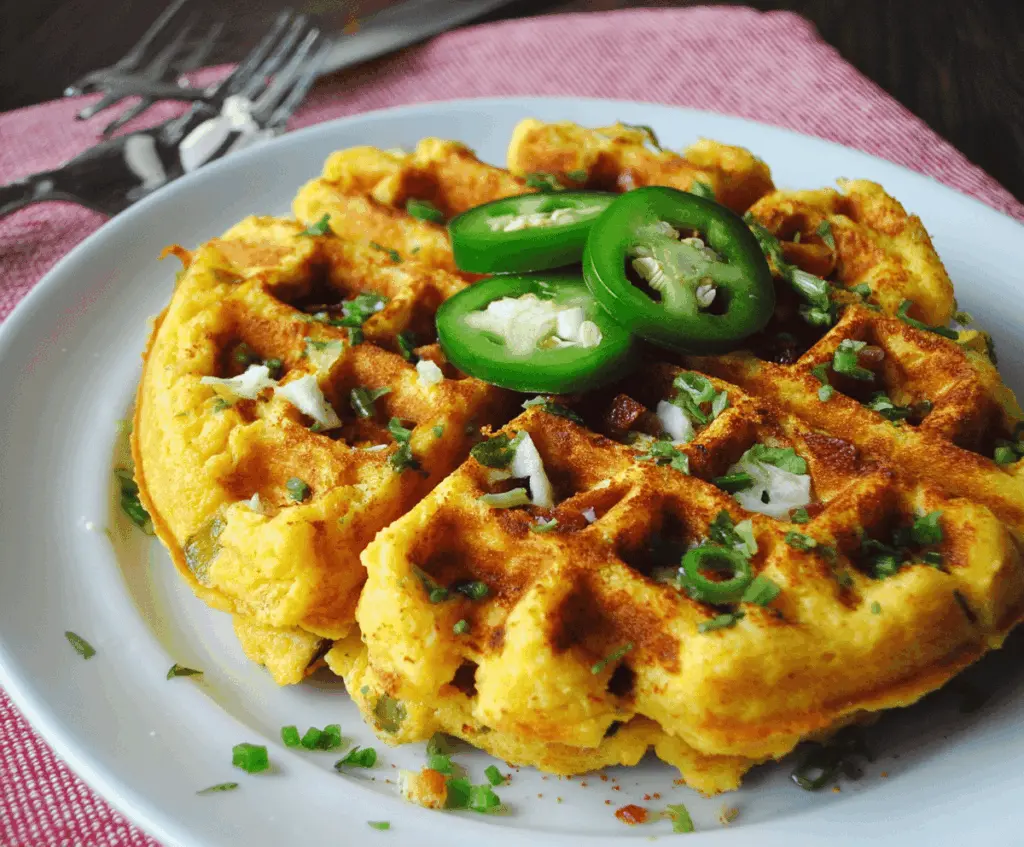Delicious Spicy Cheddar Jalapeño Cornbread Waffles topped with melted cheese and fresh jalapeño slices, served on a rustic plate