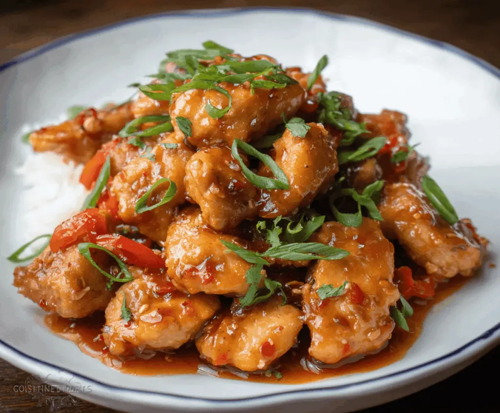 Delicious sweet chili chicken served with fresh vegetables and garnished with cilantro on a white plate, perfect for a flavorful meal.