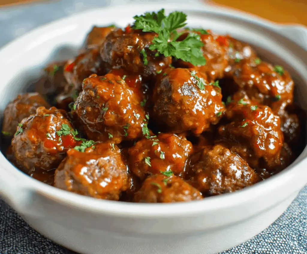 Delicious homemade sweet chili meatballs cooking in a crockpot, served with a glossy sweet chili sauce for a flavorful appetizer or main dish.