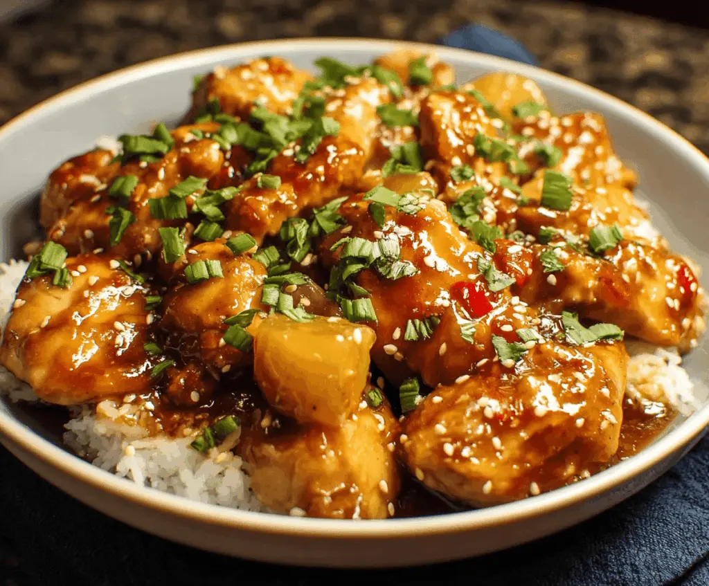 Juicy shredded Hawaiian crockpot chicken served with pineapple chunks and fresh herbs in a bowl, perfect for a sweet and savory meal
