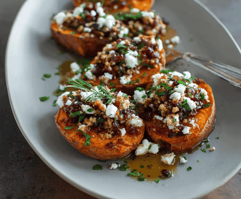 Sweet potato rounds topped with honey drizzle and feta cheese crumbles, served as a flavorful appetizer or snack