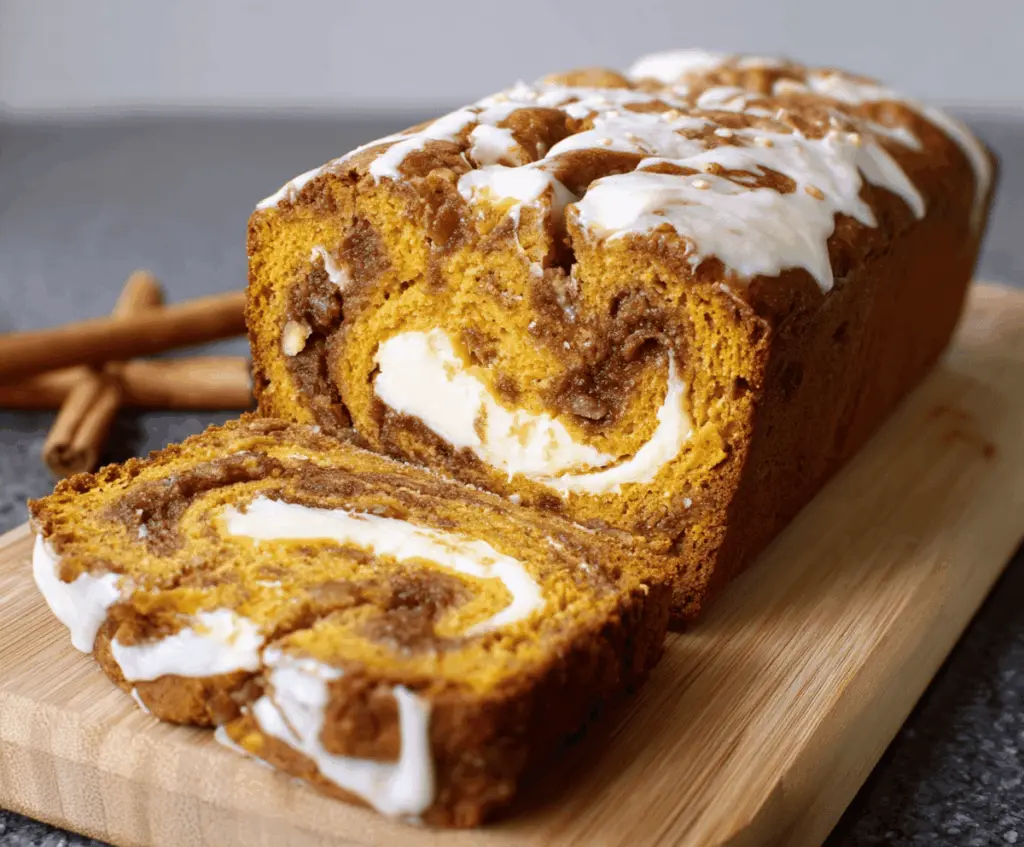 Swirled pumpkin cream cheese bread sliced and served, featuring a golden crust with rich pumpkin and cream cheese swirl inside