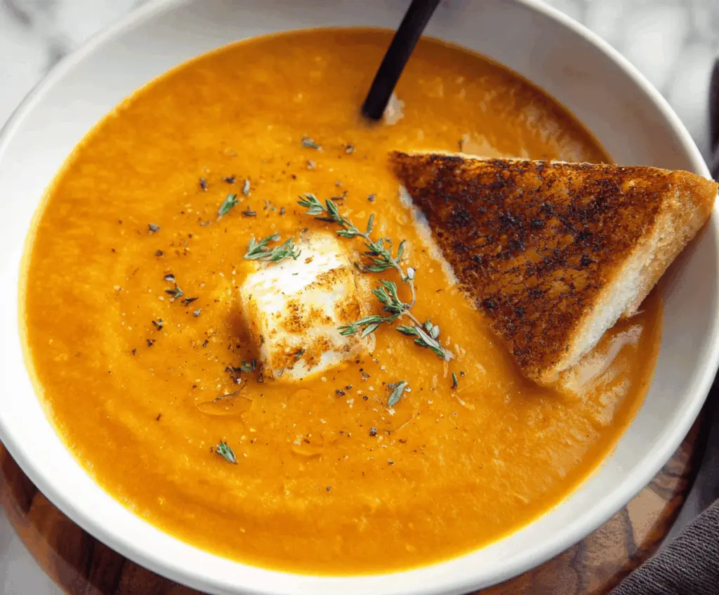 Delicious roasted winter vegetable soup garnished with herbs in a bowl, perfect for cozy meals
