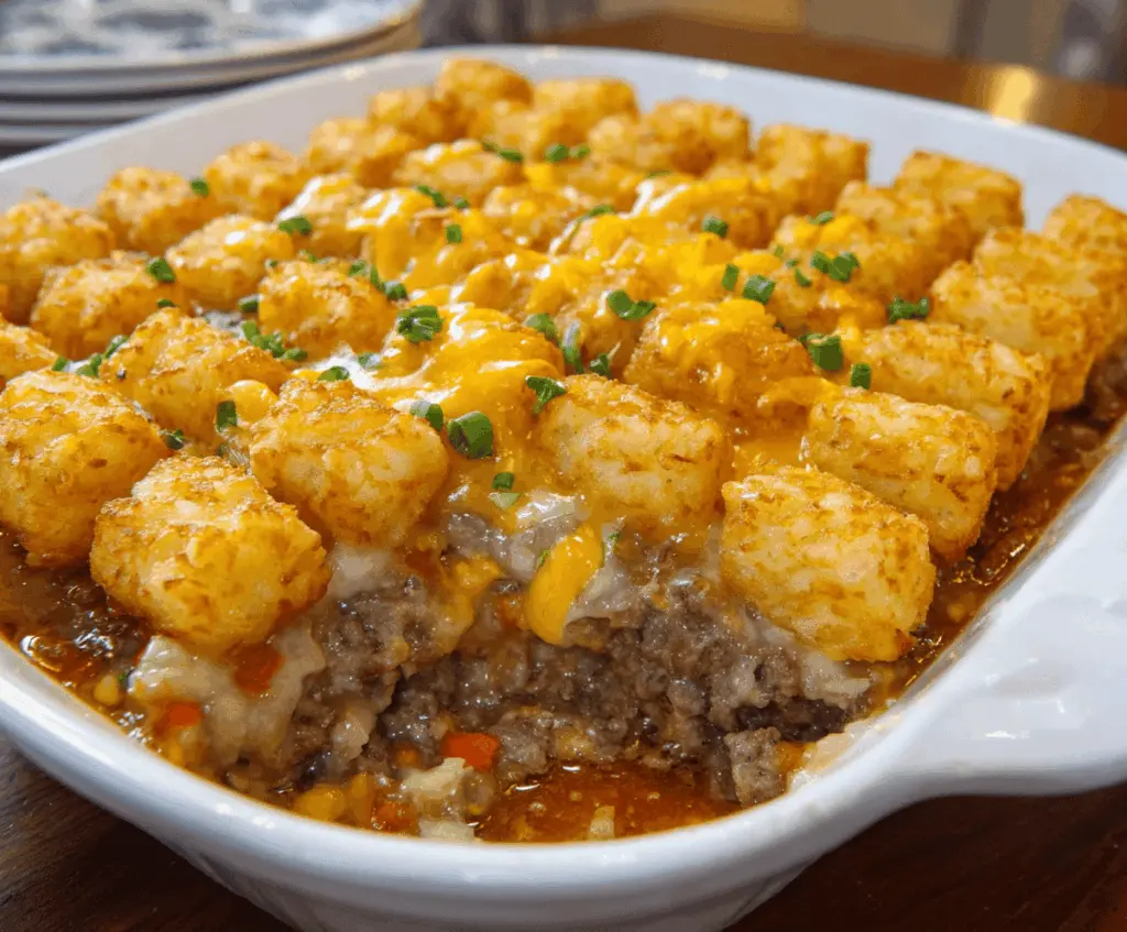 Delicious Tater Tot Casserole topped with melted cheese and crispy golden tater tots in a baking dish, ready to serve