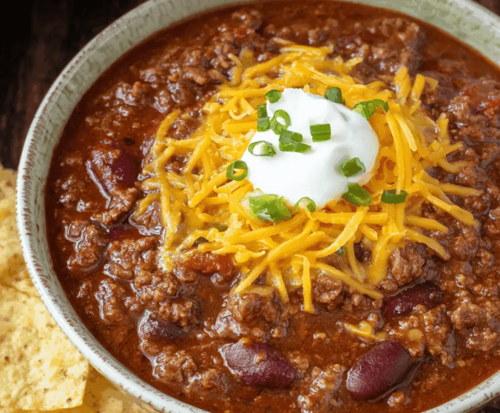 Delicious Texas Roadhouse-style chili with or without beans, featuring a hearty, savory bowl topped with shredded cheese, diced onions, and fresh herbs for a flavorful comfort food meal.