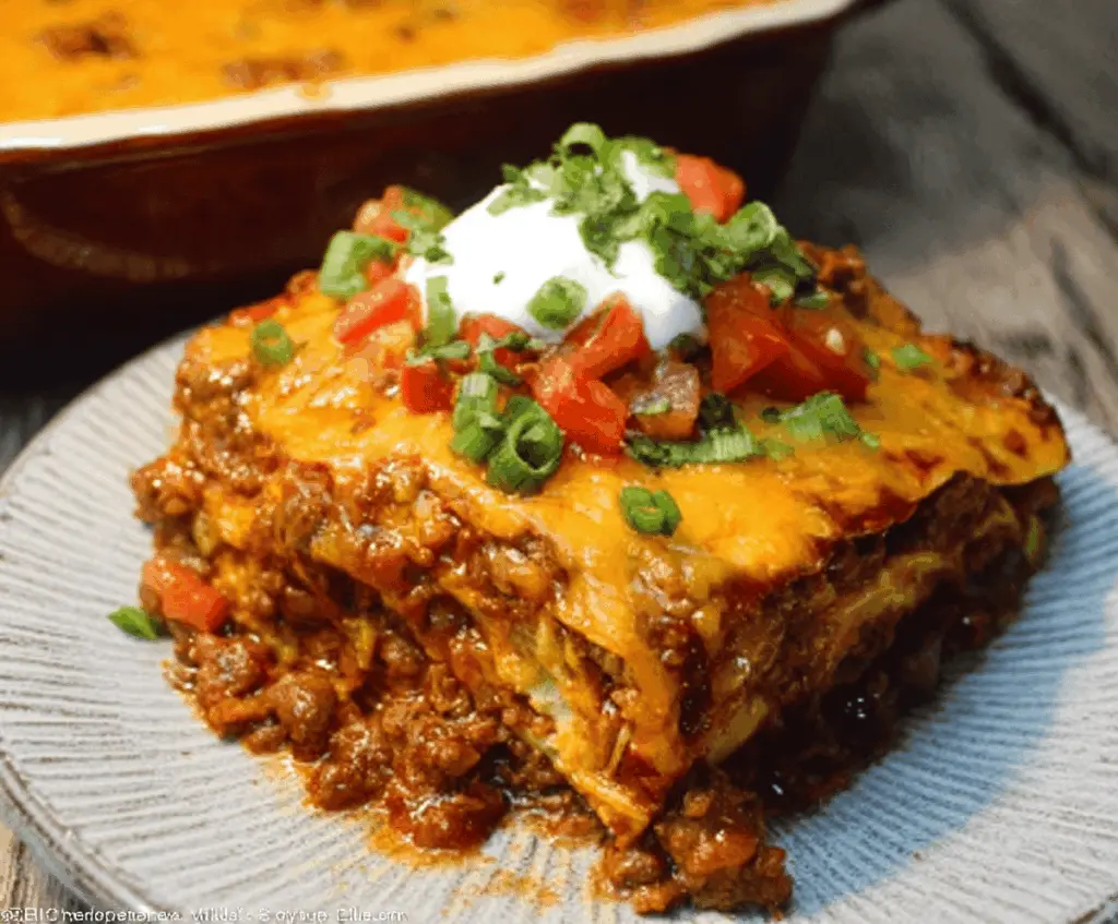 Delicious beef enchilada casserole topped with melted cheese and garnished with fresh cilantro, served in a baking dish