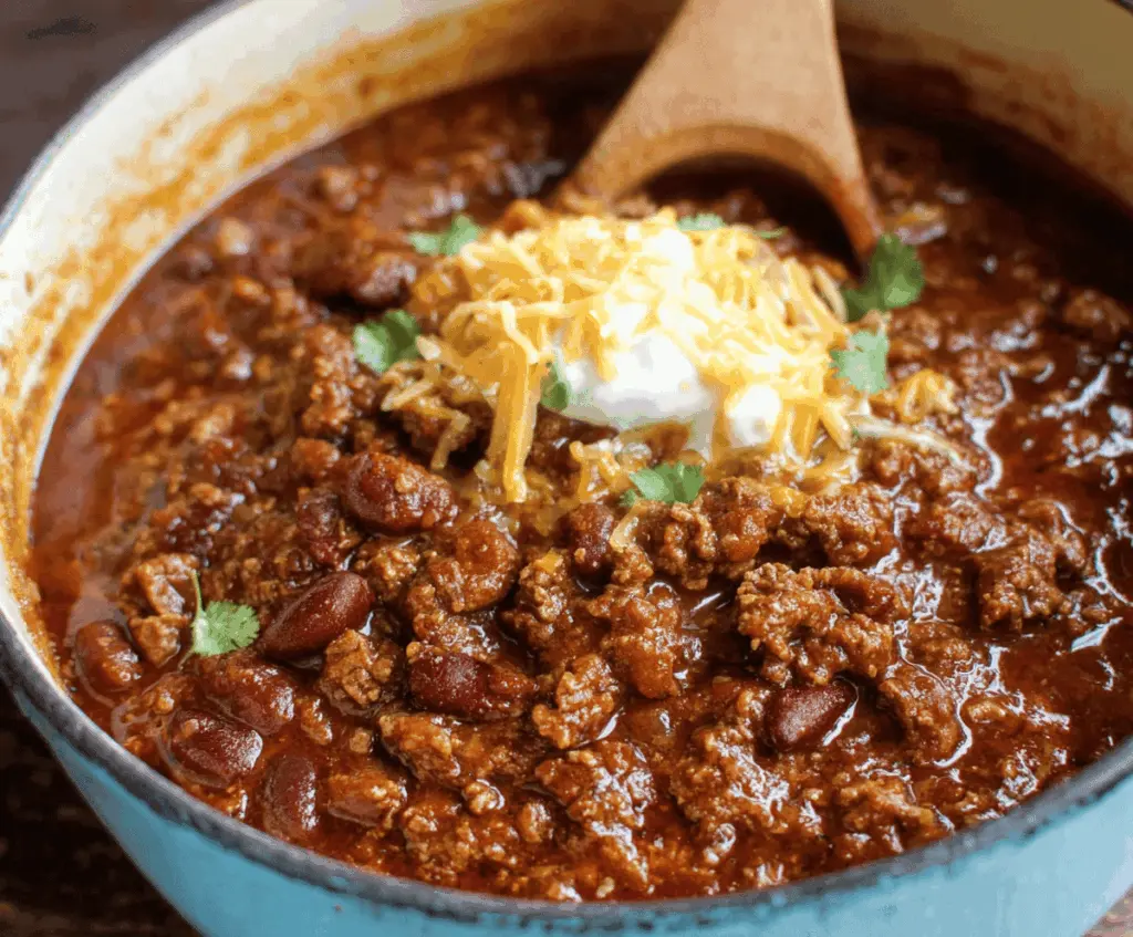 Delicious homemade chili prepared following The Pioneer Woman recipe, featuring hearty beef, beans, tomatoes, and spices in a rustic bowl.