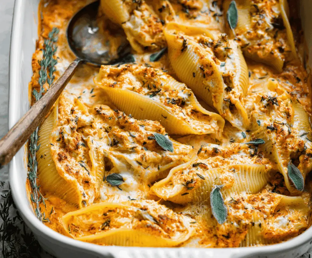 Vegan pumpkin ricotta stuffed pasta shells garnished with fresh herbs on a white plate, perfect for fall dinner