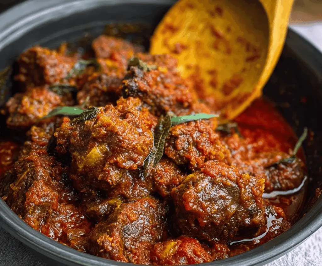Delicious viral Nigerian beef stew with tender beef chunks, rich tomato sauce, and flavorful spices, served in a vibrant bowl.