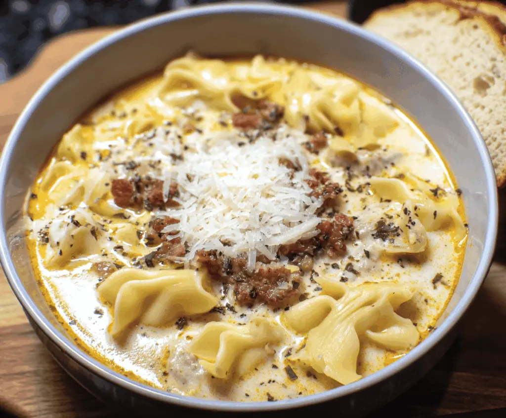 Creamy white lasagna soup in a bowl with melted cheese, spinach, and tender pasta, garnished with herbs, perfect for a comforting meal