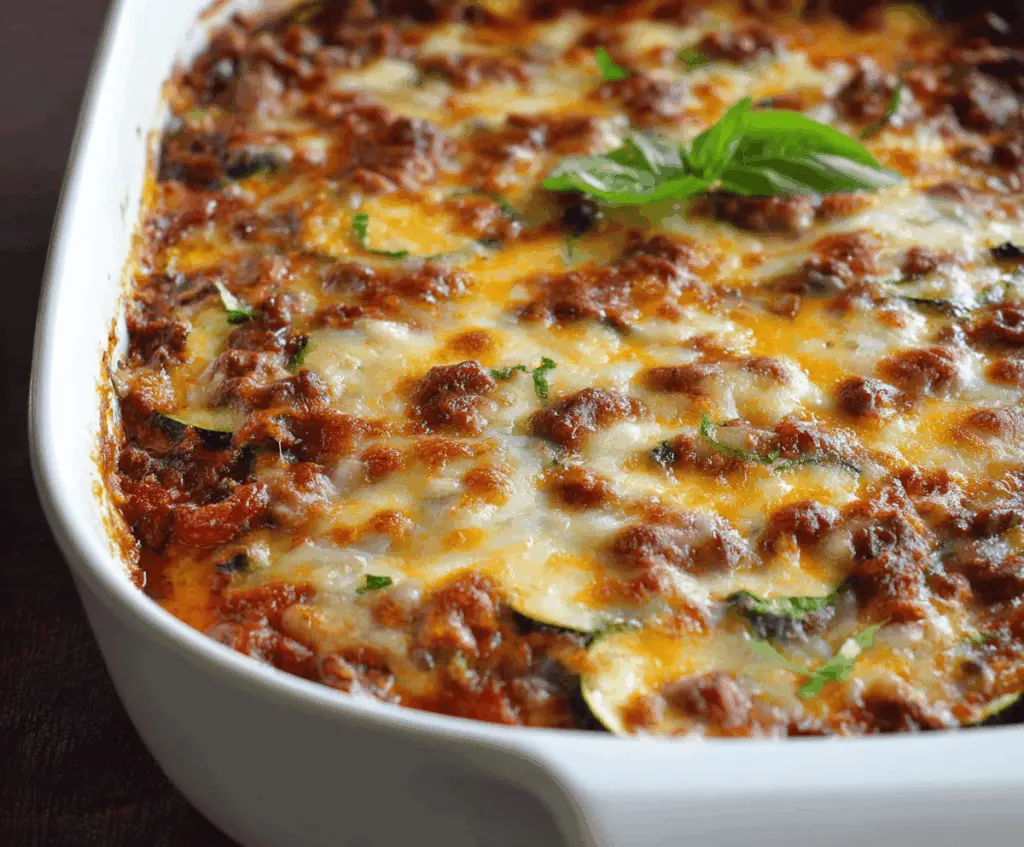 Delicious zucchini pizza casserole topped with melted cheese and fresh herbs, ready to serve.