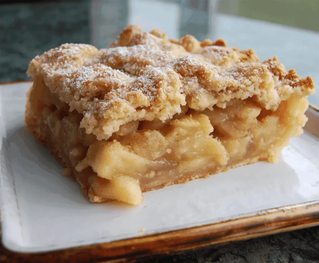 Golden apple slab pie topped with a flaky crust and cinnamon sugar, ready to serve as a delicious dessert