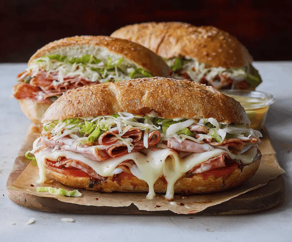 Delicious baked Italian grinder sandwiches filled with melted cheese, ham, salami, and fresh vegetables on toasted bread, ready to serve.