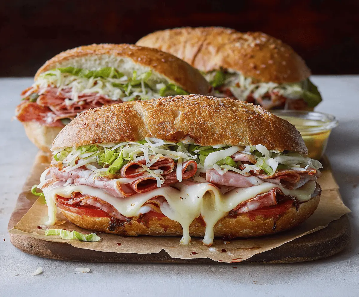 Delicious baked Italian grinder sandwiches filled with melted cheese, ham, salami, and fresh vegetables on toasted bread, ready to serve.