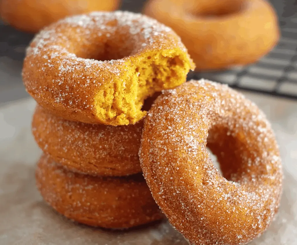 Delicious baked pumpkin cake donuts topped with cinnamon glaze, served on a rustic plate, perfect for fall desserts.