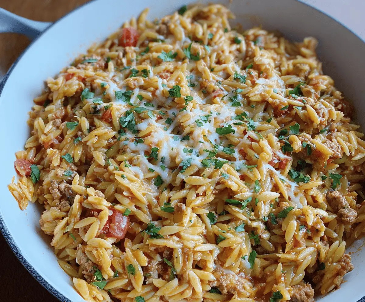 Delicious homemade ground turkey orzo pasta dish garnished with fresh herbs, perfect for a healthy and flavorful meal