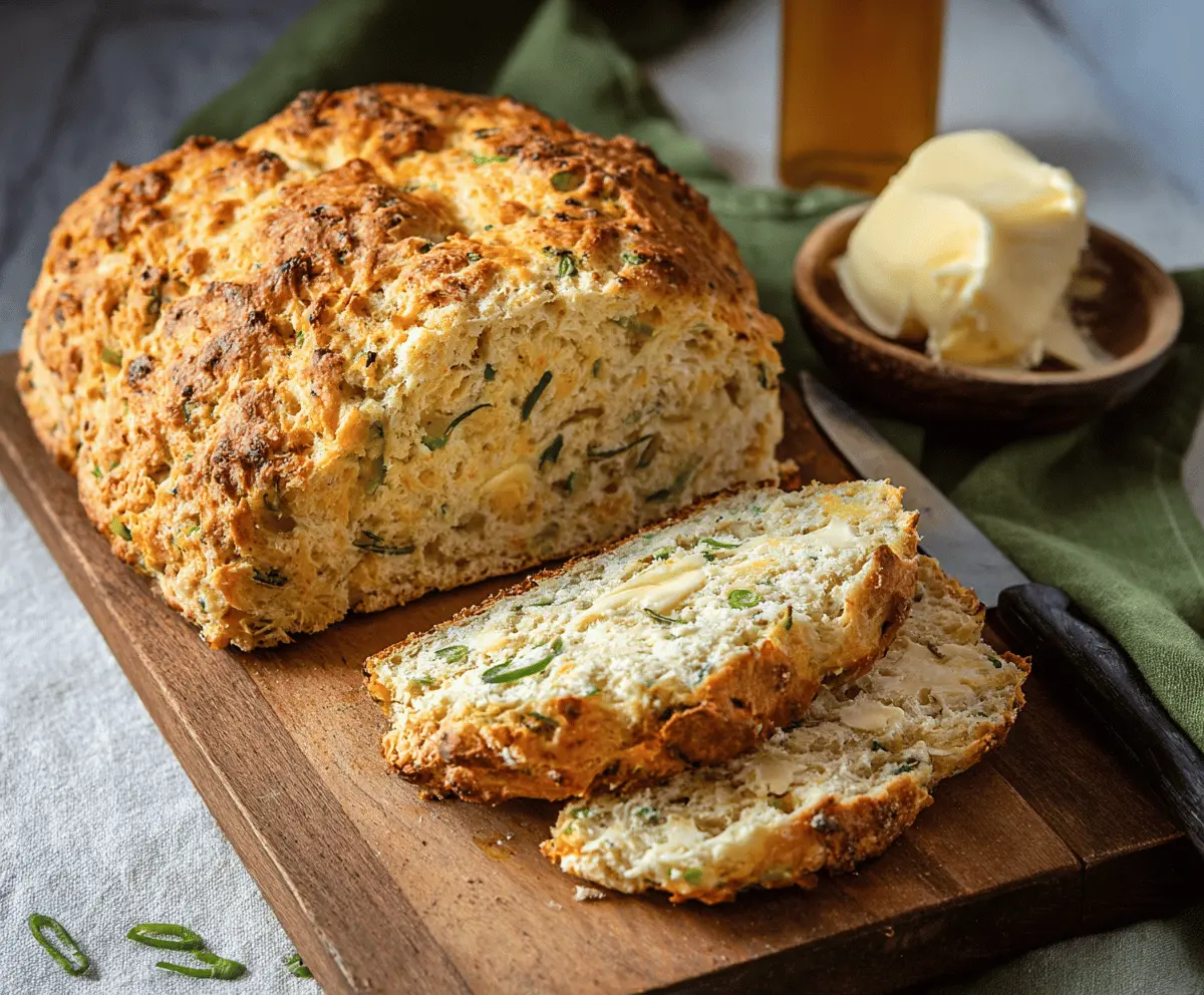 Golden sliced Cheddar and Herb Soda Bread topped with fresh herbs, perfect for breakfast or as a savory snack.