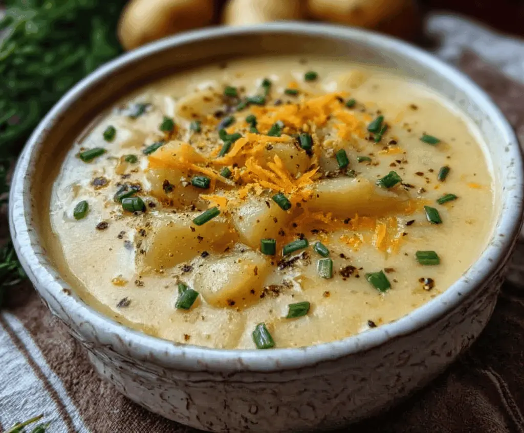 Creamy Cheddar Garlic Herb Potato Soup served in a bowl with fresh herbs and melted cheese topping, perfect for cozy meals