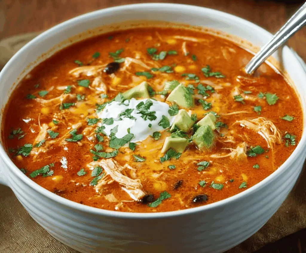 Creamy Chicken Enchilada Soup garnished with shredded cheese, fresh cilantro, and a dollop of sour cream in a rustic bowl