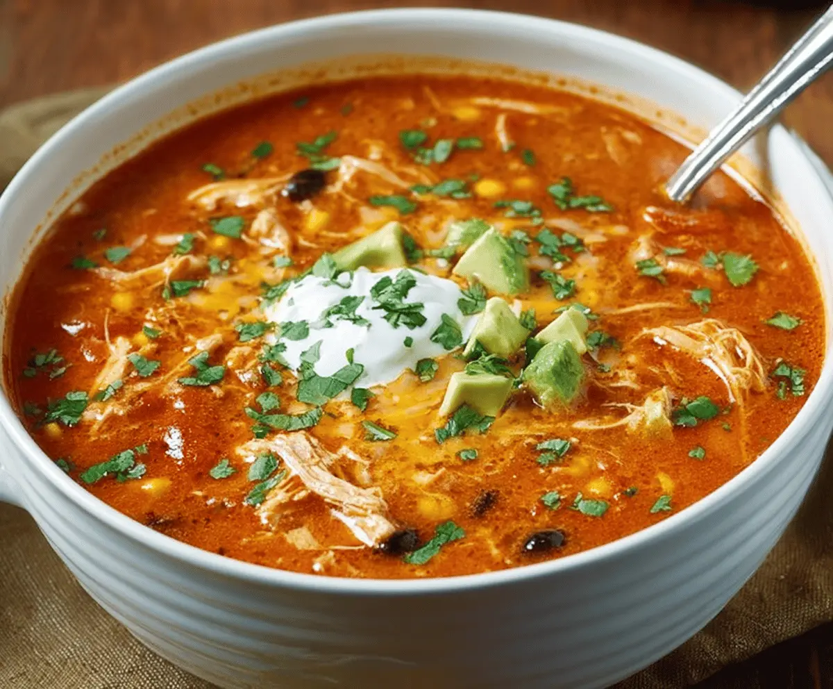 Creamy Chicken Enchilada Soup garnished with shredded cheese, fresh cilantro, and a dollop of sour cream in a rustic bowl
