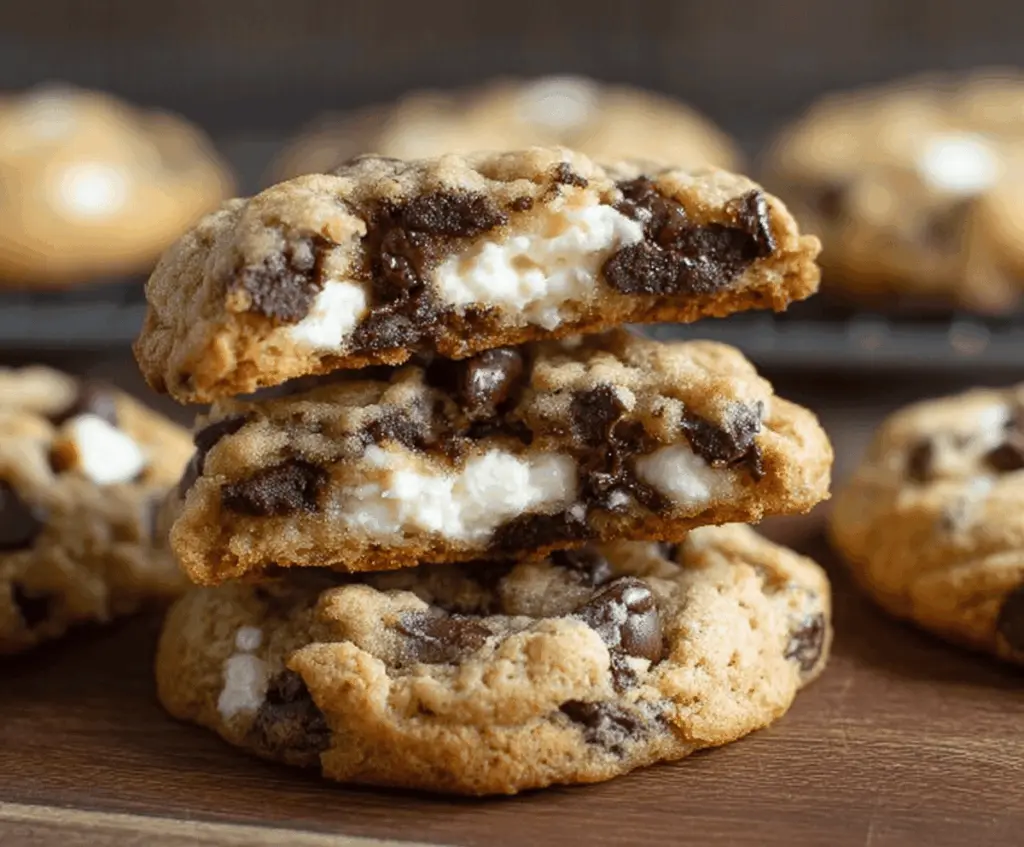 Delicious chocolate chip cheesecake cookies with gooey chocolate chips and creamy cheesecake filling on a white plate