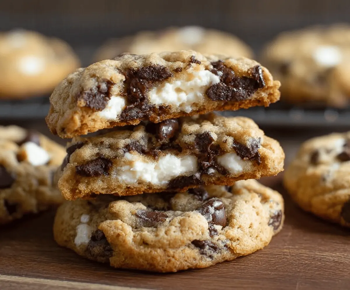 Delicious chocolate chip cheesecake cookies with gooey chocolate chips and creamy cheesecake filling on a white plate