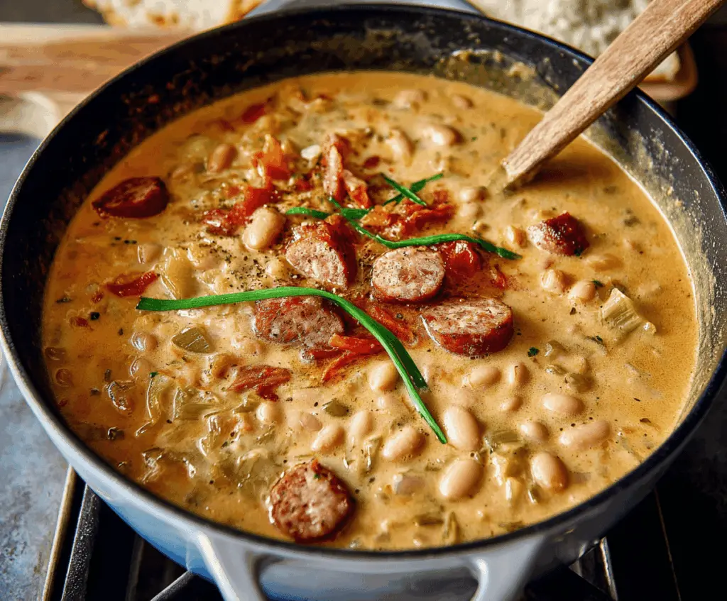 Creamy bean soup with sausage, garnished with herbs and served in a bowl, showcasing a hearty and comforting meal.