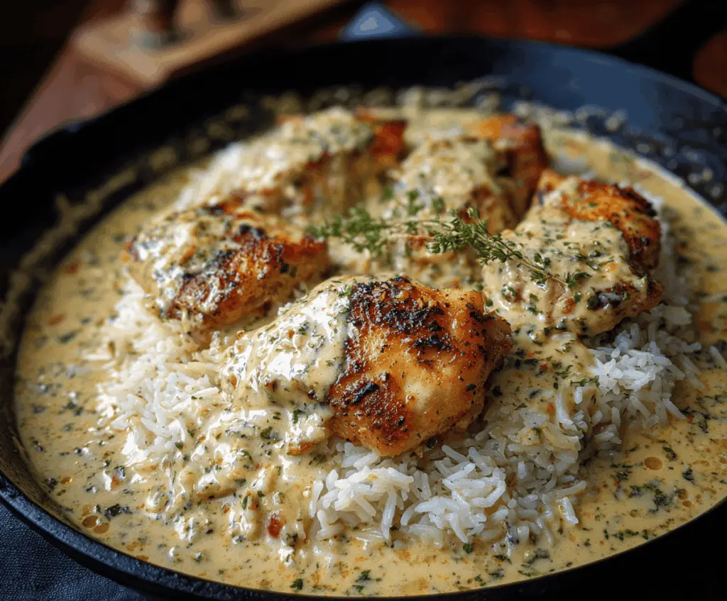 Creamy herb chicken served with fluffy basmati rice, garnished with fresh herbs, in a one-pan meal perfect for comforting, flavorful dinners