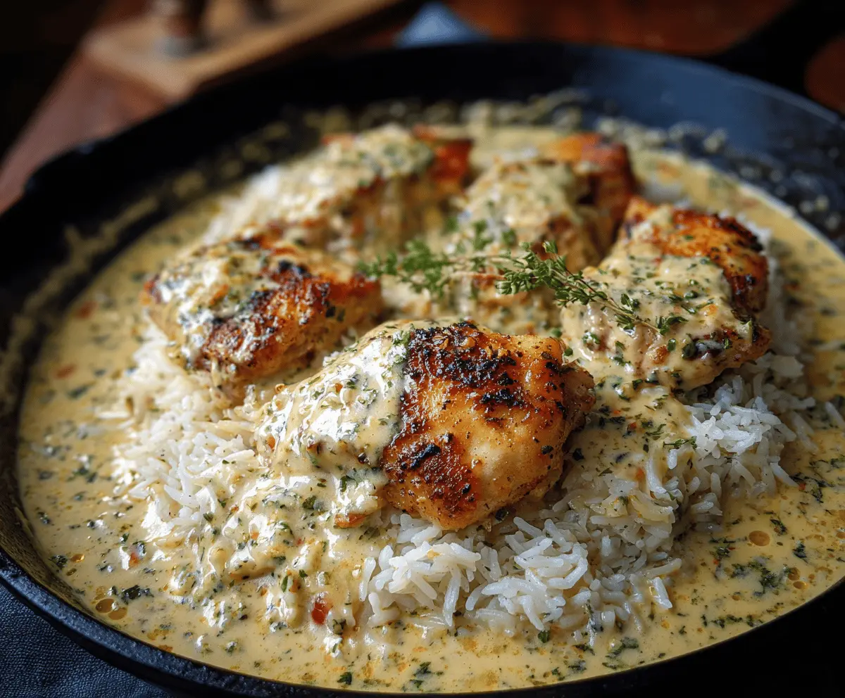 Creamy herb chicken served with fluffy basmati rice, garnished with fresh herbs, in a one-pan meal perfect for comforting, flavorful dinners