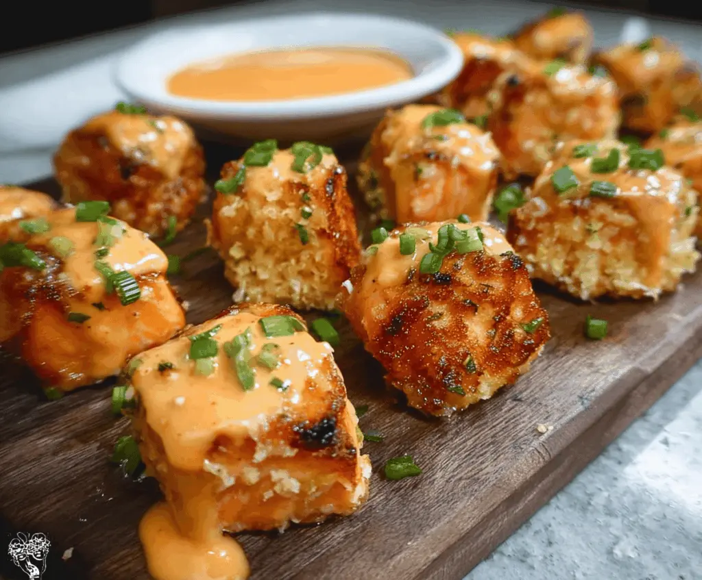 Crispy Bang Bang Salmon Bites garnished with sesame seeds and green onions on a white plate, perfect appetizer or snack