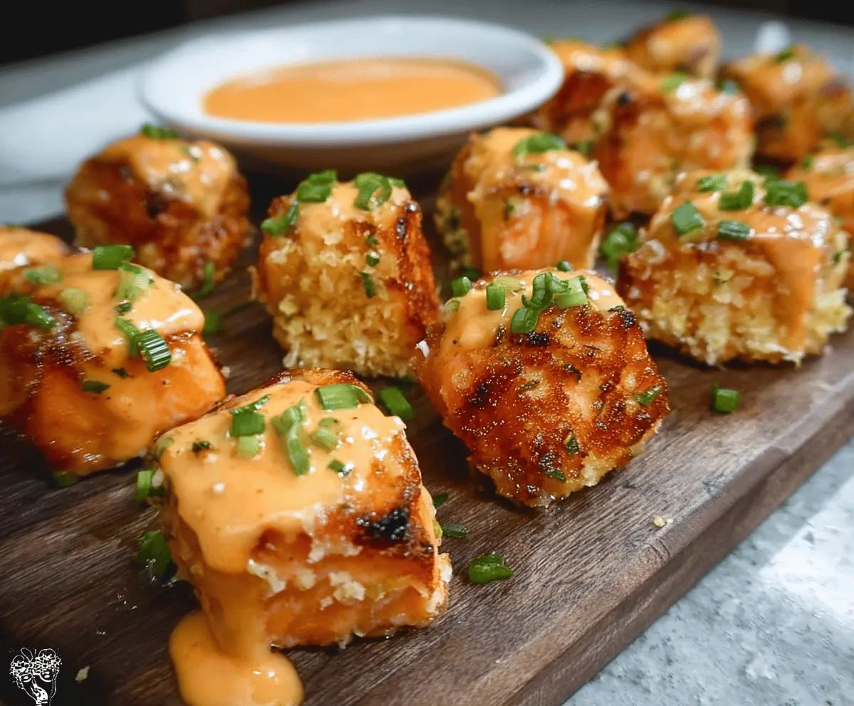 Crispy Bang Bang Salmon Bites garnished with sesame seeds and green onions on a white plate, perfect appetizer or snack