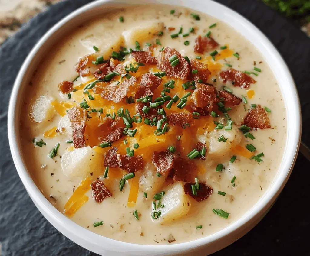 Creamy Crock Pot Crack Potato Soup in a bowl with crispy bacon, shredded cheese, and chopped green onions, perfect for a comforting meal