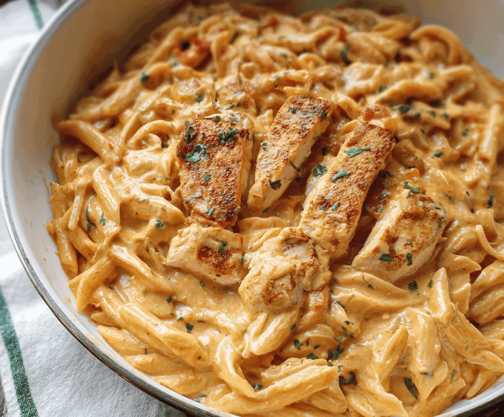Creamy Cajun Chicken Pasta cooked in a crock pot, featuring tender chicken, flavorful Cajun spices, and creamy sauce served over pasta