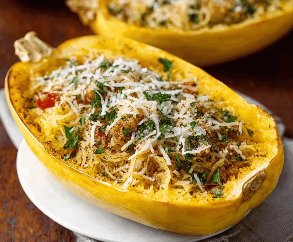 Healthy spaghetti squash recipe featuring tender roasted squash topped with fresh herbs and vegetables for a nutritious dinner option