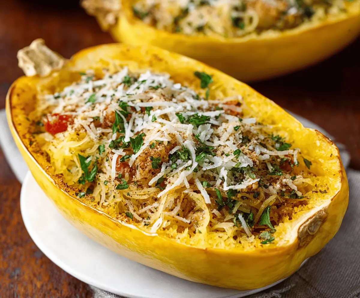 Healthy spaghetti squash recipe featuring tender roasted squash topped with fresh herbs and vegetables for a nutritious dinner option